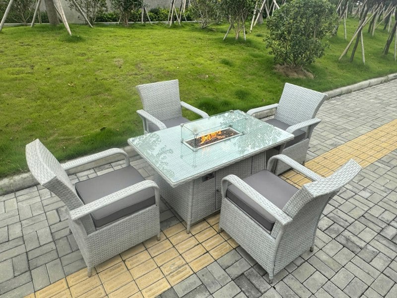 Fimous Light Grey Rattan Outdoor Garden furniture Set Gas Fire Pit Table and 4 Chairs Set with Seat Cushion