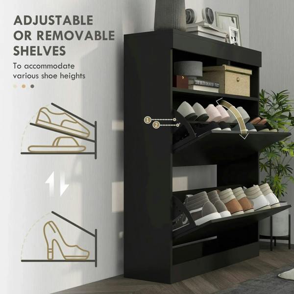 High-gloss black shoe storage cabinet with adjustable open shelves and flip door