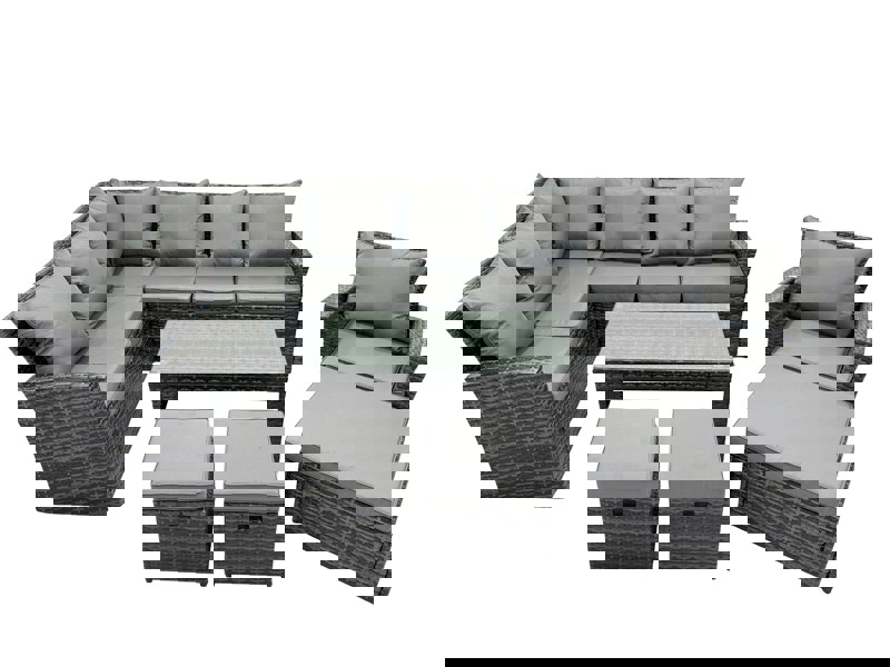 Fimous 10 Seat Poly Rattan Outdoor Patio Oblong Coffee Table Corner Sofa Sets with 3 Stool Chair for Garden Backyard Dark Grey Mixed