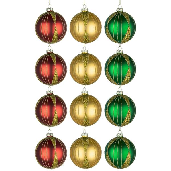 8cm Christmas Baubles 12 Pack in Red, Gold and Green Glass with Assorted Festive Designs image 5