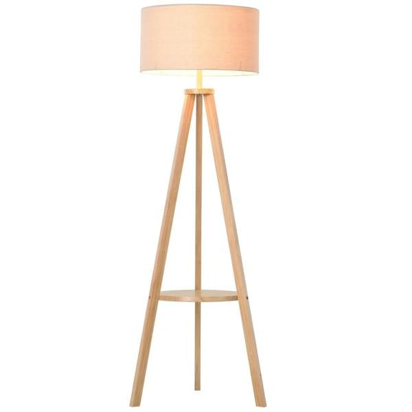 Tripod floor lamp with cream fabric shade and natural wood three-leg stand