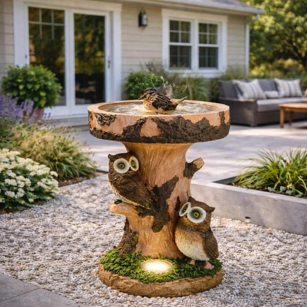 Gardenwize Solar Bird Bath – Owl Garden Ornament with LED Light