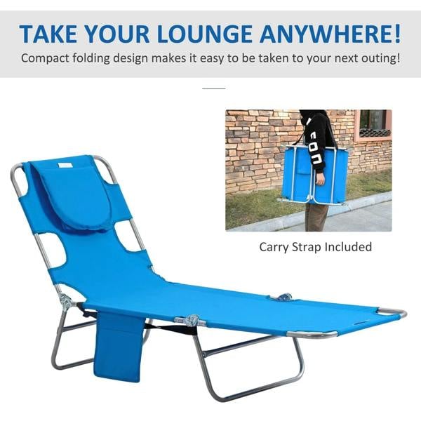 Blue foldable sun lounger with carry strap, reading hole and side pocket, steel frame