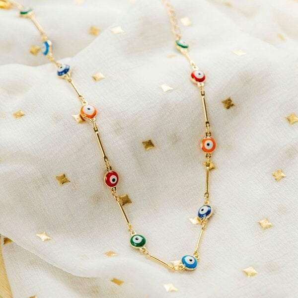 The Colourful Aura Multicolour Gold and Silver Evil Eye Charm Choker Protection Necklace - Gold