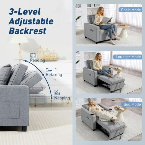 Wyld Haus Soliri Light Grey Upholstered 3 In One Convertible Single Sofa Bed Tufted Cushion