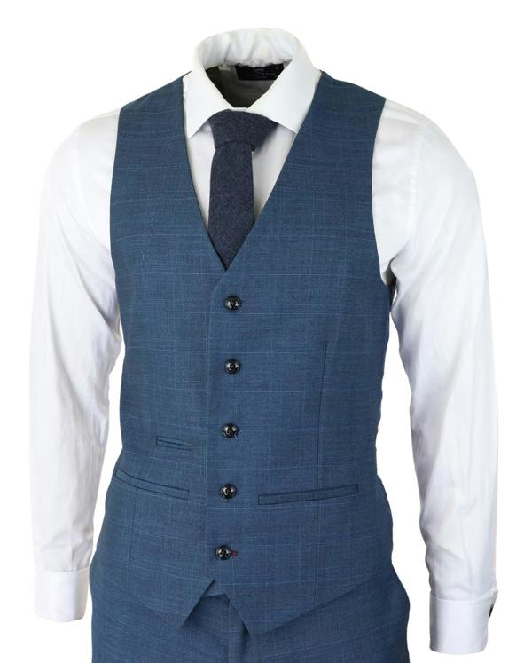 Paul Andrew Mens 3 Piece Blue Suit Prince Of Wales Check Classic Light Tailored Fit Modern