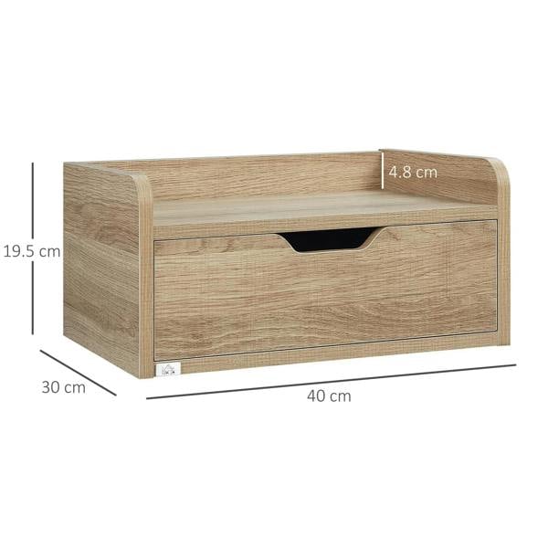 Natural wood floating bedside table with front drawer and recessed black pull cutout