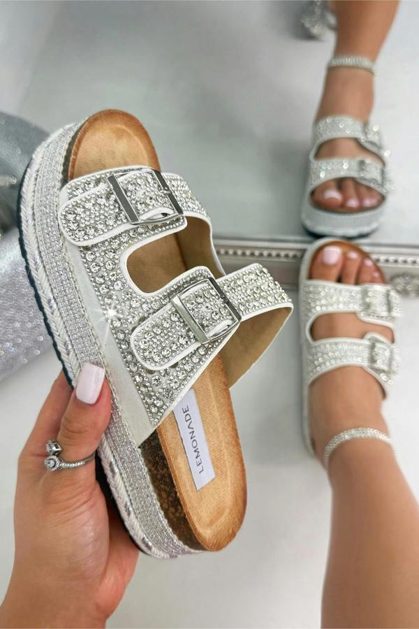 Love Lemonade Crystal Riviera Double Buckle Sliders Silver