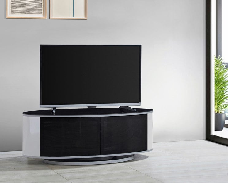 MDA Designs LUNA Gloss Black Oval Cabinet with White Profiles and Black BeamThru Glass Doors Suitable for Flat Screen TVs up to 50"
