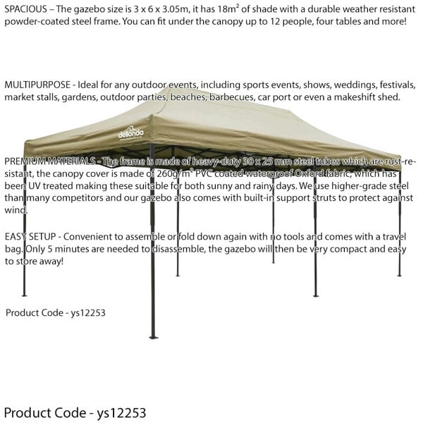 3x6m Pop-Up Gazebo - BEIGE Heavy Duty Frame & Water Resistant - Garden Pavillion - LoopsDirect