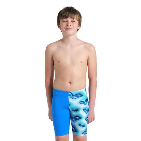 Arena Boys logo graphic swim jammer in blue with shark pattern