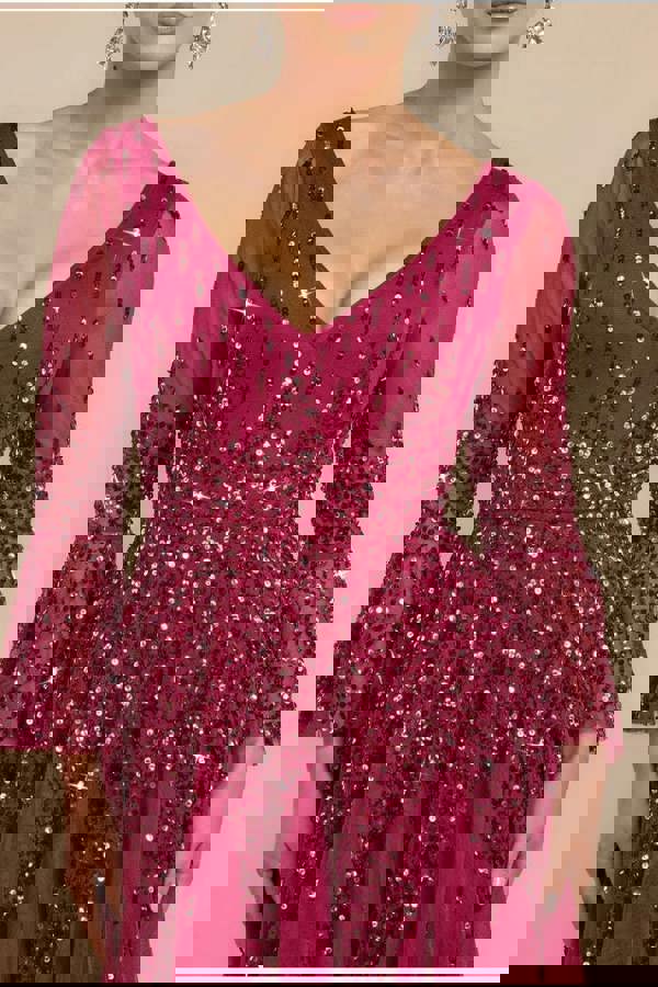 Sunray Hand Embellished Sequin A-Line Bell Sleeve Maxi Dress - Burgundy DR4654