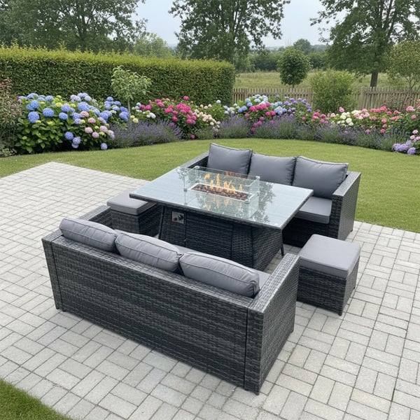 Fimous 8 Seater Rattan Garden Furniture Set with Gas Fire Pit Dining Table, 2 Sofas & 2 Footstools - Dark Grey