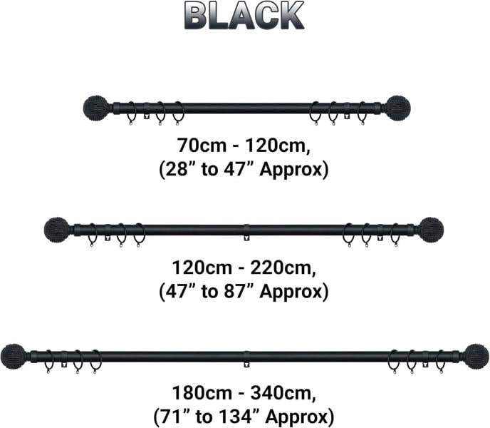 A.Unique Home Knotted Ball Extendable Curtain Pole (25/28mm) (Matte Black,180cm - 340cm)