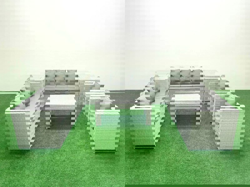 Fimous Outdoor Garden Furniture Rattan Sofa Set with 2 Armchairs Oblong Coffee Table 2 Side Tables Light Grey Mixed