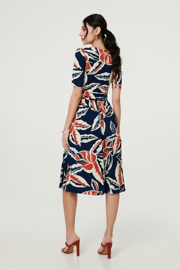 Navy | Floral V-Neck Pleated Midi Wrap Dress
