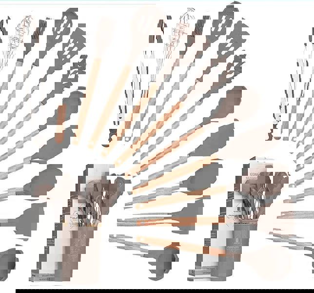 Anygleam Kitchen Utensils 11 Set Natural Beech Wooden Handle Cookware Tool with Storage Heat Resistant Non Stick Accessories