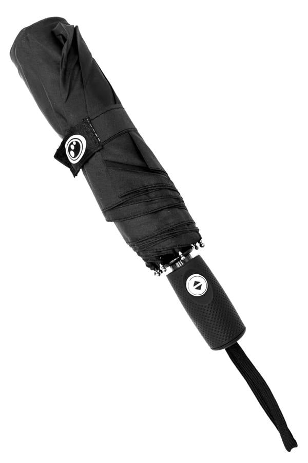 Folded black Optimum compact umbrella with grip handle, wrist strap and logo tab, diagonal on white - Optimum