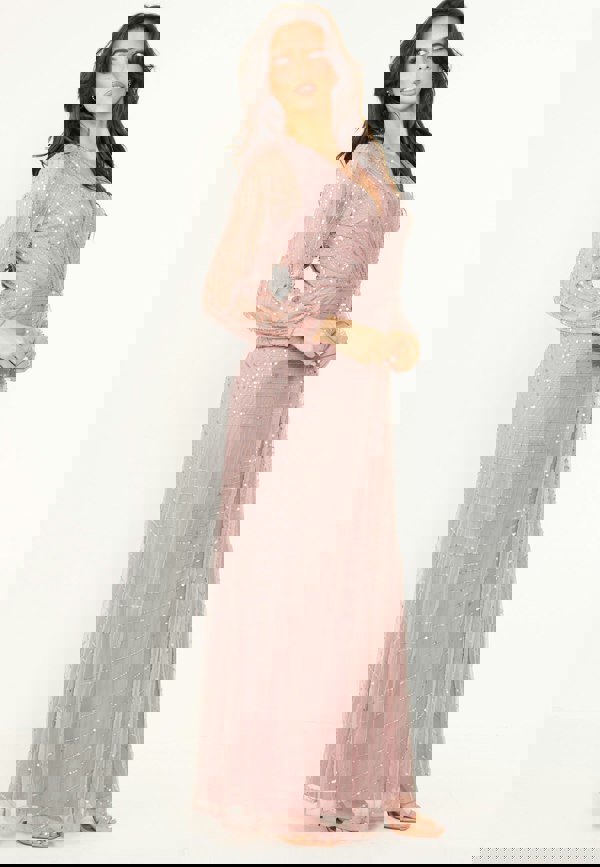 Embellished Long Mesh Sleeve Maxi Dress in Lavender - ANGELEYE