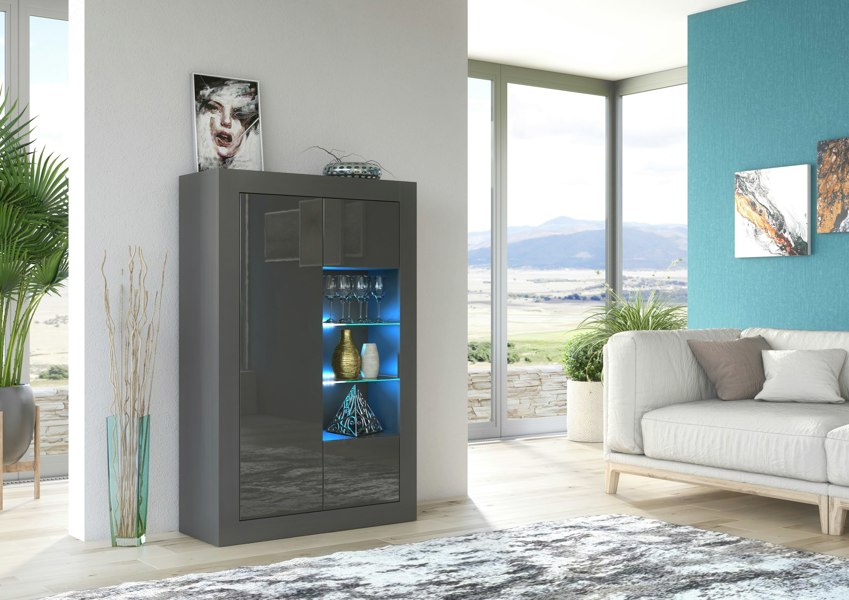 Mex Furniture Elegant 140cm Cabinet Sideboard with Grey High Gloss Doors and Free LED Display