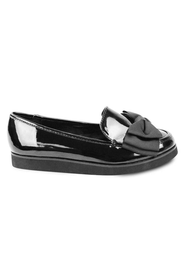 Where's That From ALPHA SLIP ON LOAFER SLIDER WITH BOW DETAIL IN BLACK PATENT FAUX LEATHER