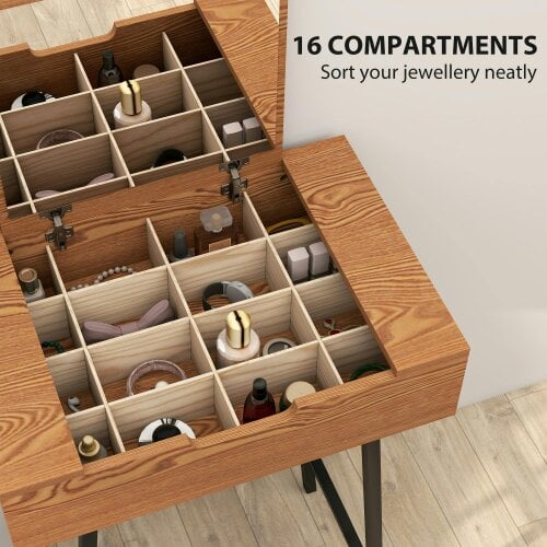 Wyld Haus Fino Leri Natural Wood Industrial Vanity Desk With Flip Up Mirror And 6teen Storage Compartments