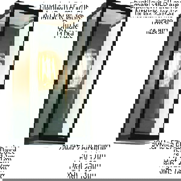 IP44 Outdoor Wall Light Matt Black & Glass Rectangle Box Lantern 28W E27 Edison Loops