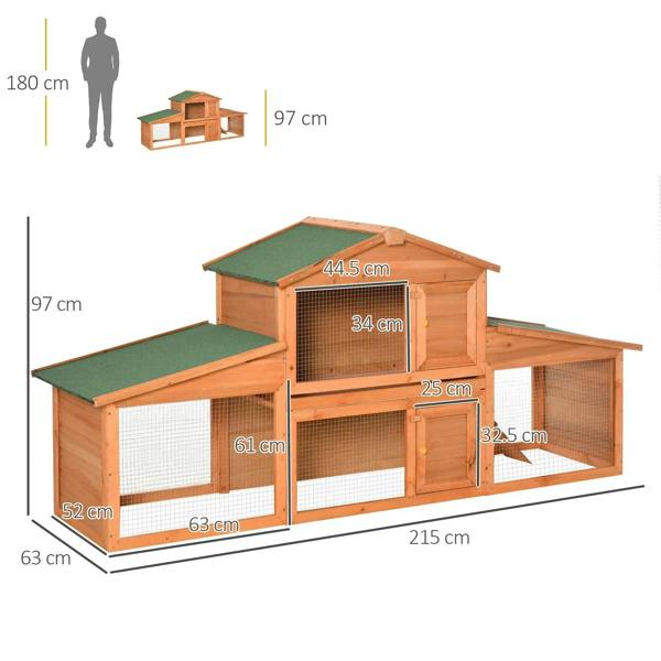 Outdoor wooden rabbit hutch with green roof, wire-mesh panels, and connected run