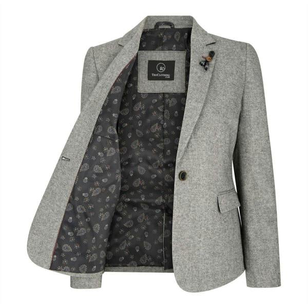 TruClothing Womens Tweed 1920s Herringbone Light Grey Blazer