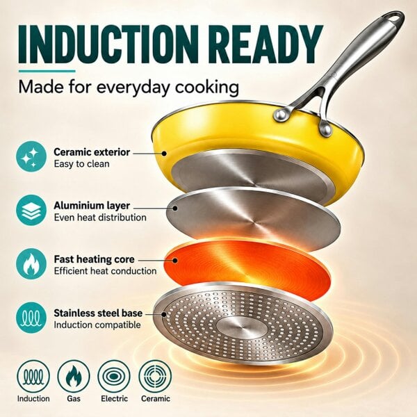 Gr8 Home 12 Pcs Ceramic Non Stick Induction Cookware Set Yellow Pots & Pans Lids Utensils