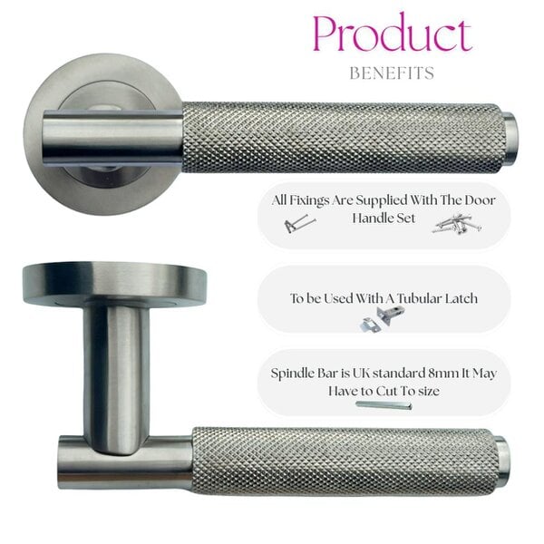 EDH Door Hardware Satin Nickel Knurled Door Handles on Round Rose – Modern Internal Lever Handle