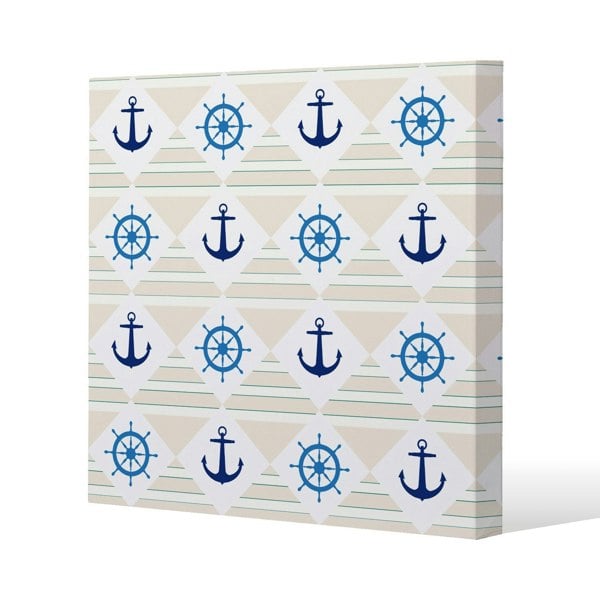 Benjamin Tate Design Nautical Elements on Striped Background Slim Style Canvas Print  50x50cm , 15mm Slim Real wood.