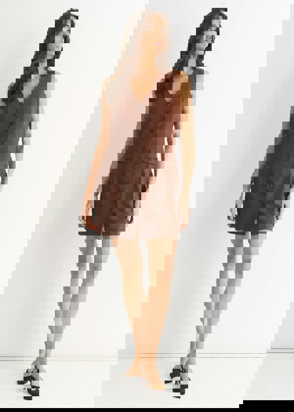 Gini London Chocolate Linen Button Through  Mini Shirt Dress