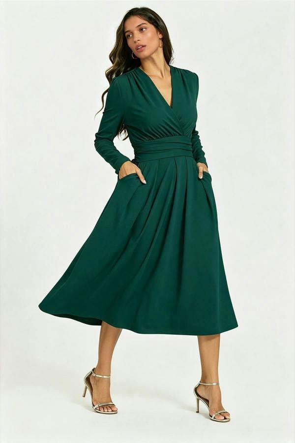 FS Collection Jersey Long Sleeve Midi Dress In ForestGreen