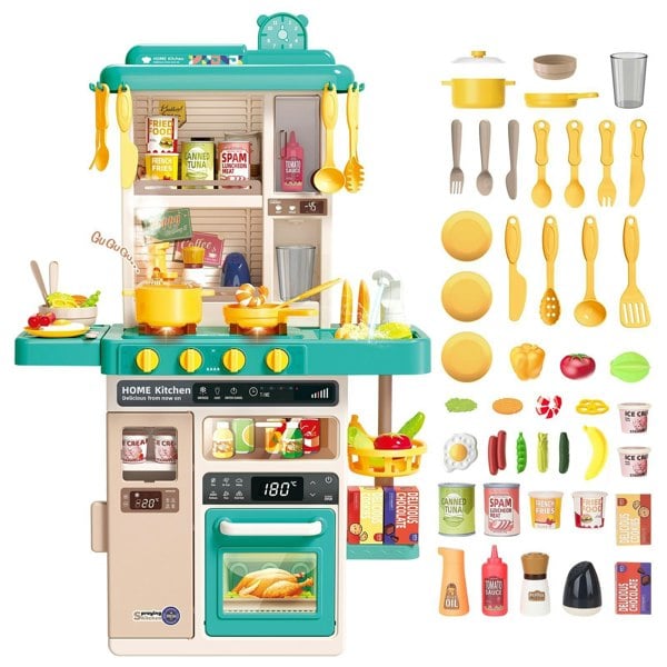 deAO Toys Kitchen Playset Green Kitchen Playset with Realistic Lights and Sounds, Simulated Spray Function