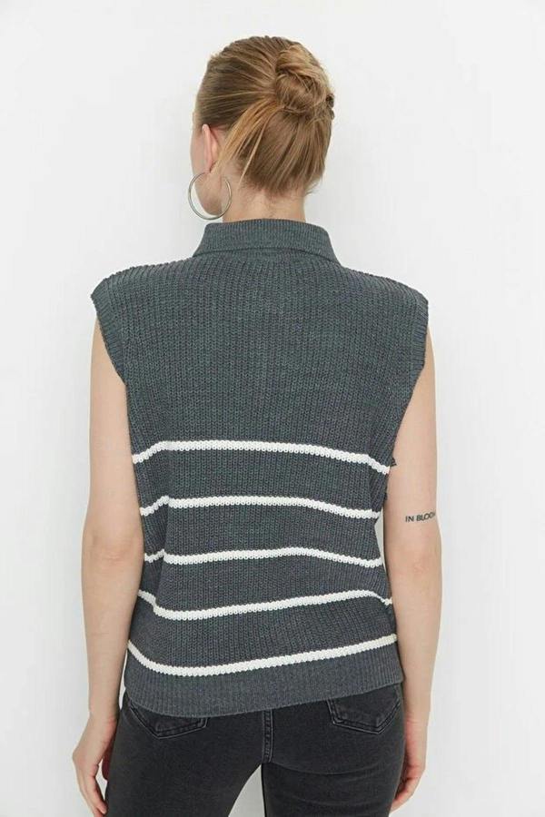 WOVCOR Zippered Striped Polo Neck Knit Sweater
