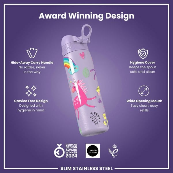 ION8 Leak Proof Slim Water Bottle, Stainless Steel, Purple Unicorns, 600ml (20oz)