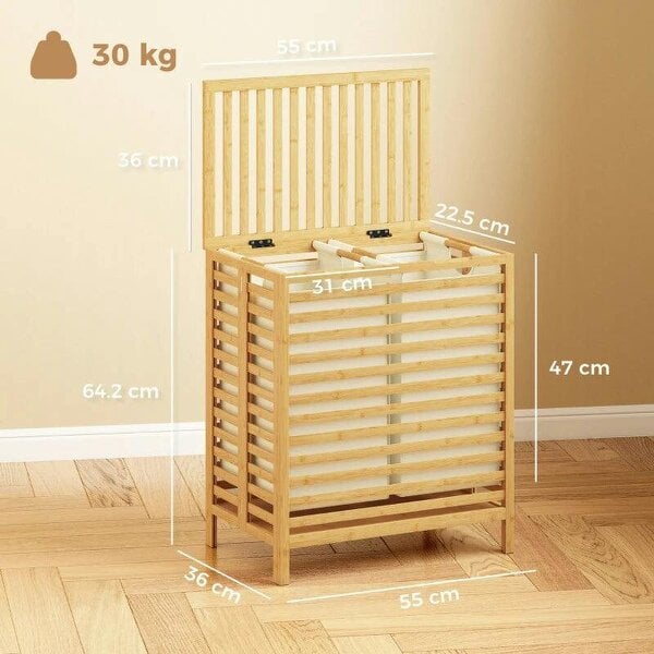 Bamboo Laundry Basket with Lid, 2 Baskets, Foldable, 64L, Natural and Cream White