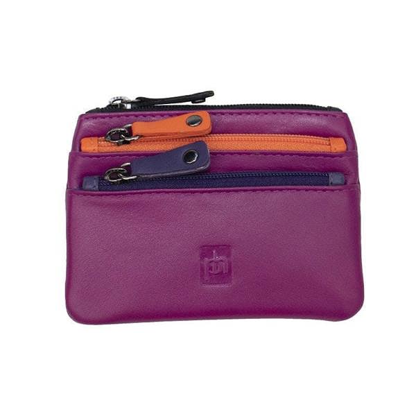 Soft fuchsia leather coin purse with coloured zips showing front pockets and key fob
