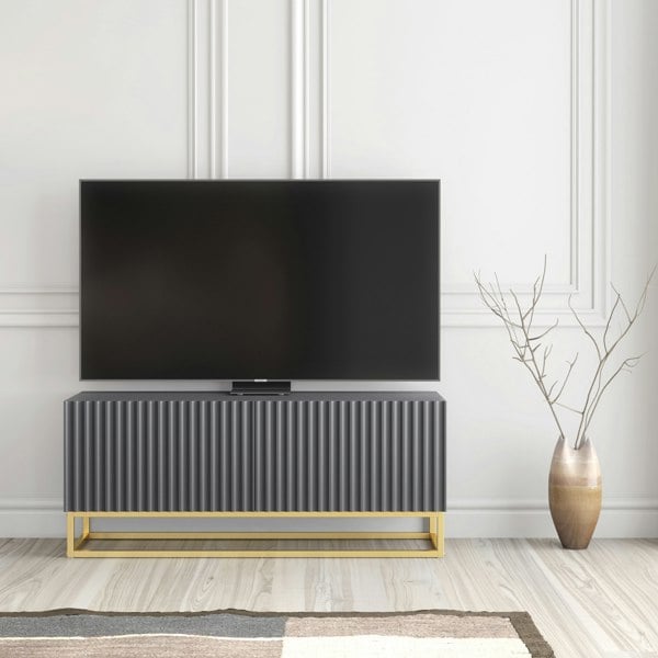 Mex Furniture Grey TV Unit with Gold Base 100cm – Fluted Fronts & Push-Down Doors