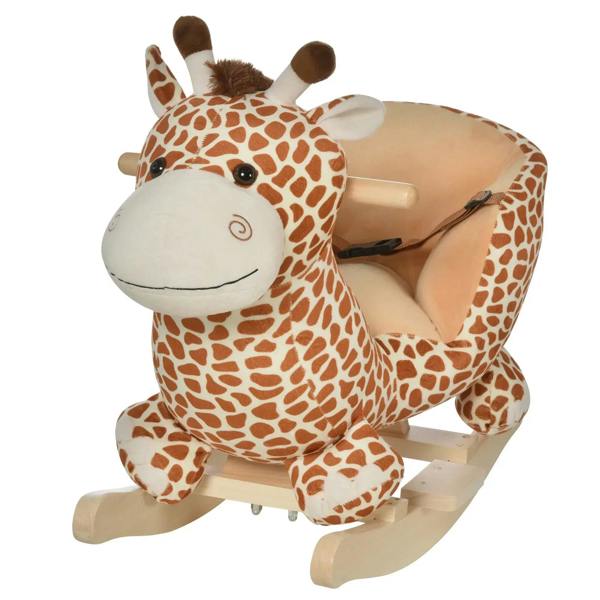 Giraffe plush rocking horse with wooden base and front seat safety belt