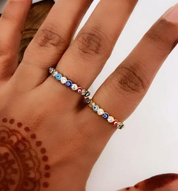 The Colourful Aura Adjustable Multicolour Minimalist Slim Stacking Evil Eye Band Ring