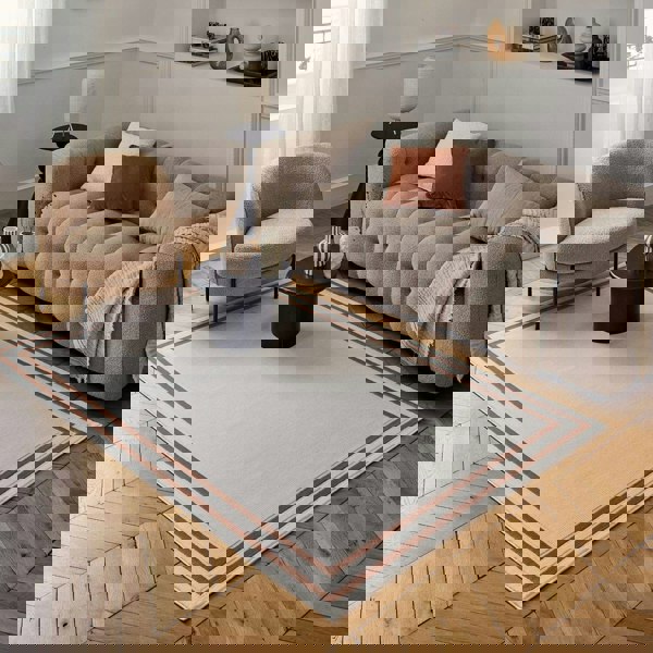 Bordered Living Room rug, terra-cream colours, stain-resistant and non-shedding