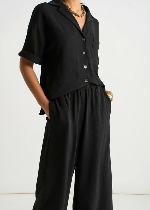 Gini London Black Elastic Waist Wide Leg Trousers