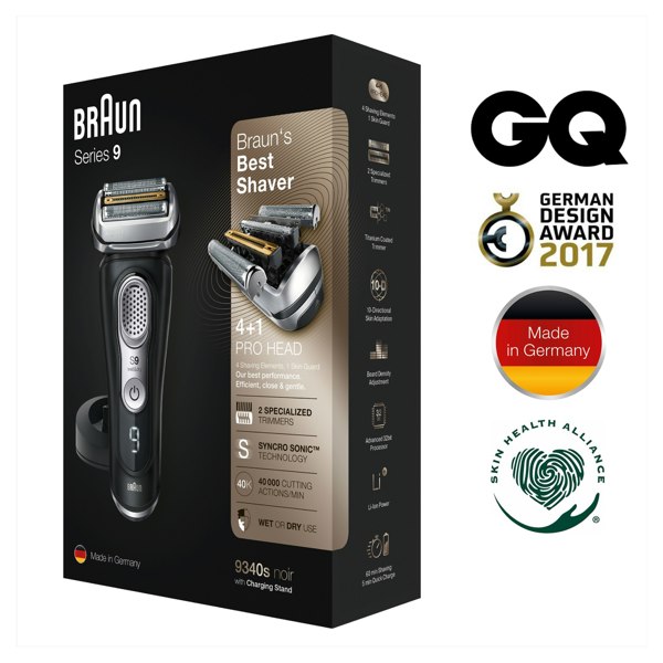 Braun Series 9 9340s Latest Generation Electric Shaver, Charging Stand, Fabric Case - Noir