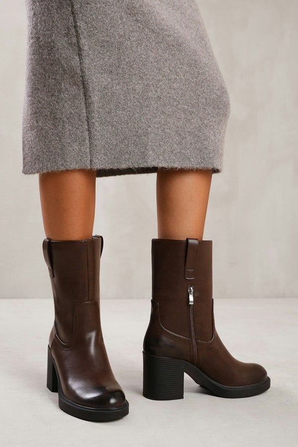 Where's That From Cherish Mid Calf Boot With Side Zip in Dark Brown Faux Leather