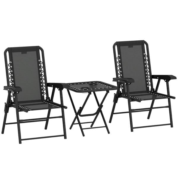 Black three-piece garden table and chair set with two folding chairs and mesh table