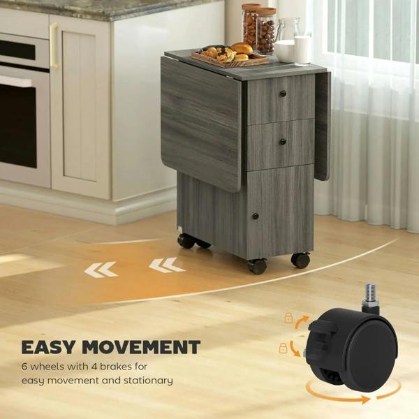 Grey drop-leaf dining table with casters and side drawers for easy movement
