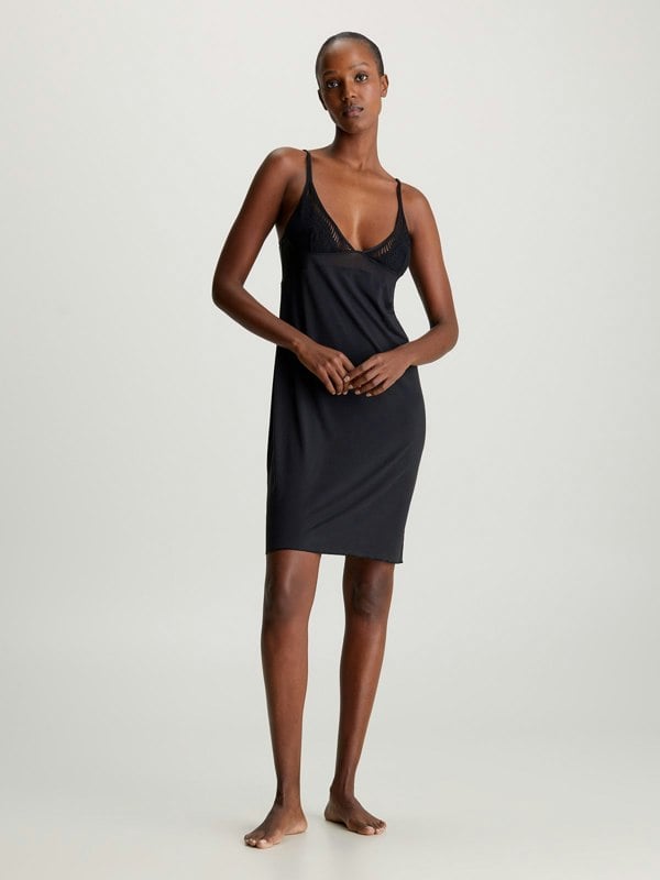 Calvin Klein SCULPT LACE LOUNGE Full Slip Nightdress Womens Black