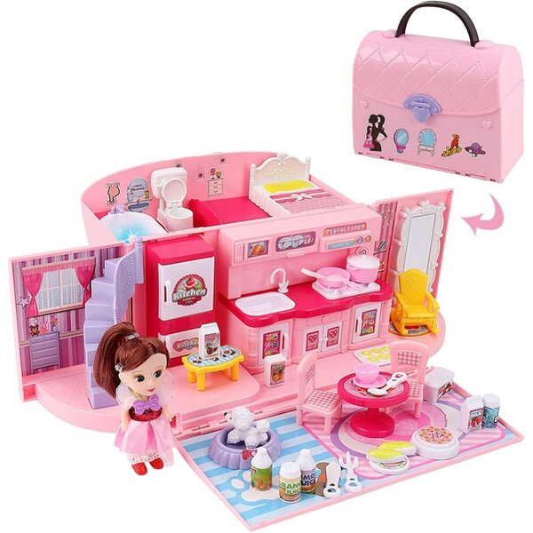 deAO Toys Childrens 2-In-1 Pink Portable Doll House Play Set - 3+